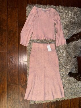 Blush Pink Two-Piece Knit Top and Skirt Set